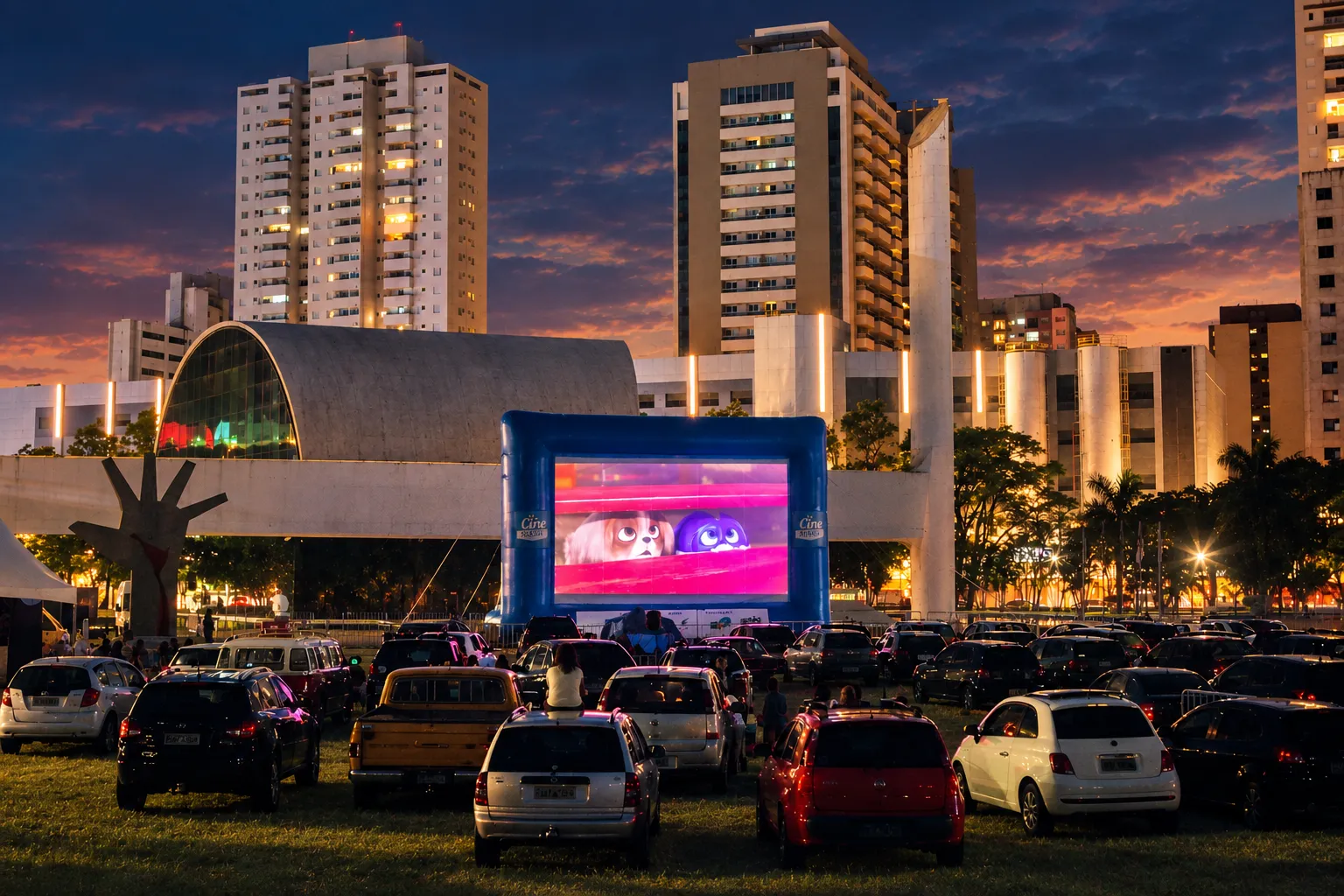 Sessão do Cine Autorama ao entardecer no Memorial da América Latina, com carros diante da tela inflável